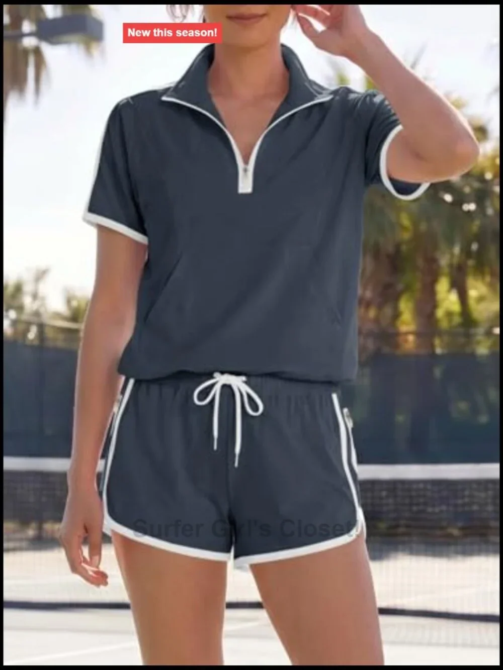 Half Zip V Neck 2 Piece Set Short Sleeve Pullover Top And Shorts